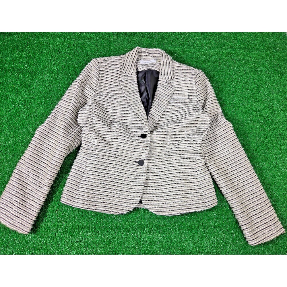 Calvin Klein Tweed Blazer Jacket Womens 8 Metallic Gold Striped Tweed Workwear